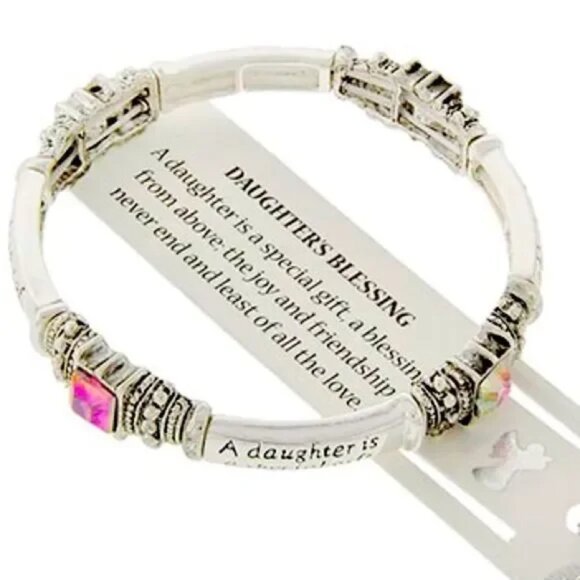 Daughter’s Blessing Silver-Tone Engraved Bangle Bracelet with Pink Aurora Stones - Picture 1 of 2